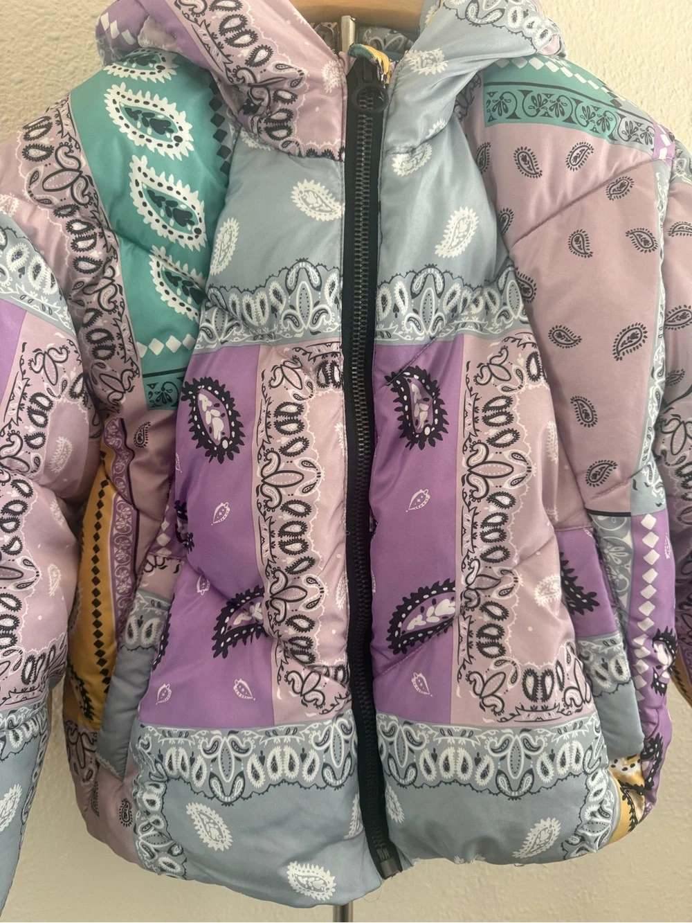Zara Kids Bandana Patchwork Puffer Jacket - Purple, Teal & Light Blue